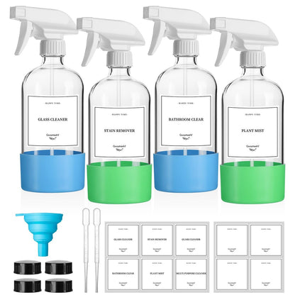 4 Pack Glass Spray Bottles with Silicone Sleeve - 16oz Clear Refillable Empty Bottles with Adjustable Nozzle for Cleaning Solutions, Essential Oils, Pets, Hair - GIVAMEIHF Avelisse
