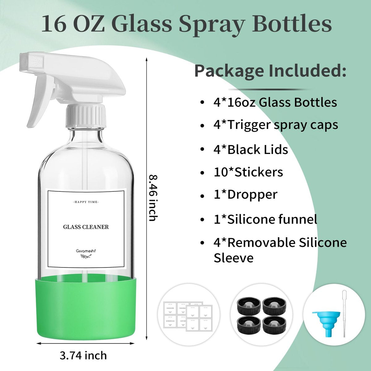4 Pack Glass Spray Bottles with Silicone Sleeve - 16oz Clear Refillable Empty Bottles with Adjustable Nozzle for Cleaning Solutions, Essential Oils, Pets, Hair - GIVAMEIHF Avelisse