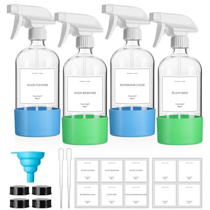 4 Pack Glass Spray Bottles with Silicone Sleeve - 16oz Clear Refillable Empty Bottles with Adjustable Nozzle for Cleaning Solutions, Essential Oils, Pets, Hair - GIVAMEIHF Avelisse