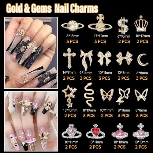 105 Pcs Silver & Gold Nail Gems Charms Set - Planet, Crown, Dollar, Snake, Star, Bow, 3D Cross Nail Art Jewelry Charms for DIY Nail Decor - görsel 6