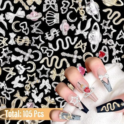 105 Pcs Silver & Gold Nail Gems Charms Set - Planet, Crown, Dollar, Snake, Star, Bow, 3D Cross Nail Art Jewelry Charms for DIY Nail Decor