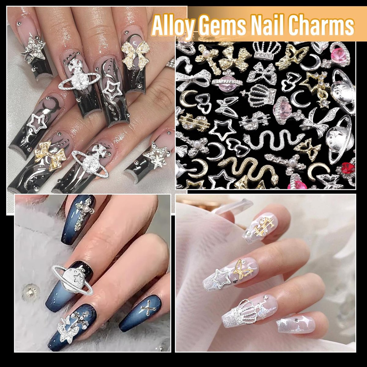 105 Pcs Silver & Gold Nail Gems Charms Set - Planet, Crown, Dollar, Snake, Star, Bow, 3D Cross Nail Art Jewelry Charms for DIY Nail Decor - görsel 11