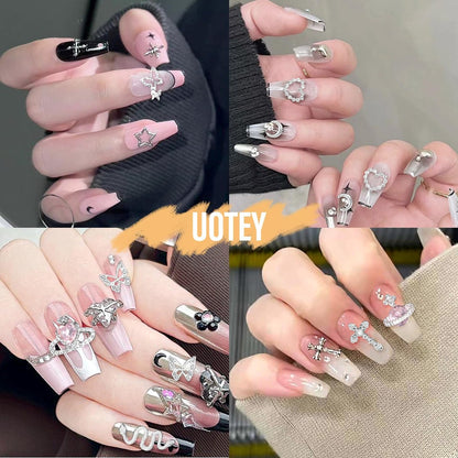 105 Pcs Silver & Gold Nail Gems Charms Set - Planet, Crown, Dollar, Snake, Star, Bow, 3D Cross Nail Art Jewelry Charms for DIY Nail Decor