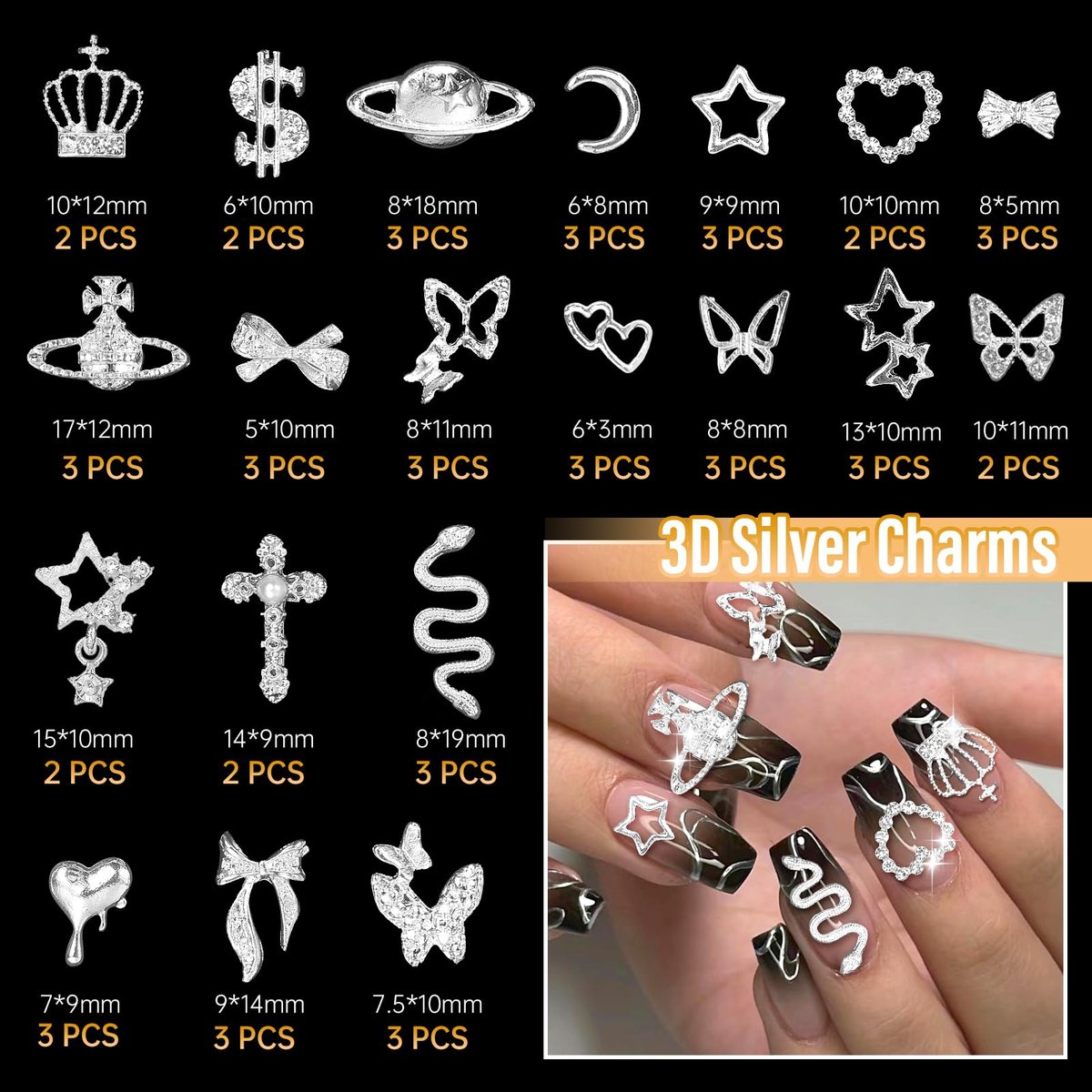 105 Pcs Silver & Gold Nail Gems Charms Set - Planet, Crown, Dollar, Snake, Star, Bow, 3D Cross Nail Art Jewelry Charms for DIY Nail Decor - görsel 3
