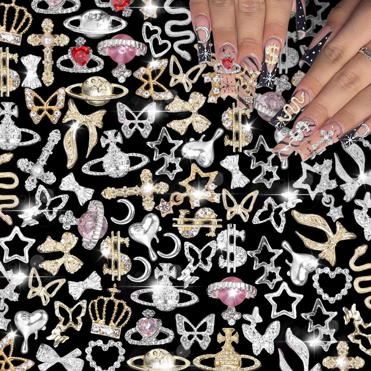 105 Pcs Silver & Gold Nail Gems Charms Set - Planet, Crown, Dollar, Snake, Star, Bow, 3D Cross Nail Art Jewelry Charms for DIY Nail Decor - görsel 1