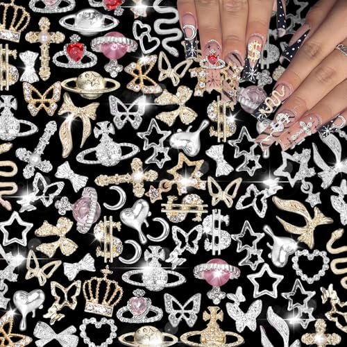 105 Pcs Silver & Gold Nail Gems Charms Set - Planet, Crown, Dollar, Snake, Star, Bow, 3D Cross Nail Art Jewelry Charms for DIY Nail Decor - görsel 2