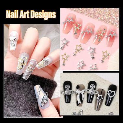 105 Pcs Silver & Gold Nail Gems Charms Set - Planet, Crown, Dollar, Snake, Star, Bow, 3D Cross Nail Art Jewelry Charms for DIY Nail Decor