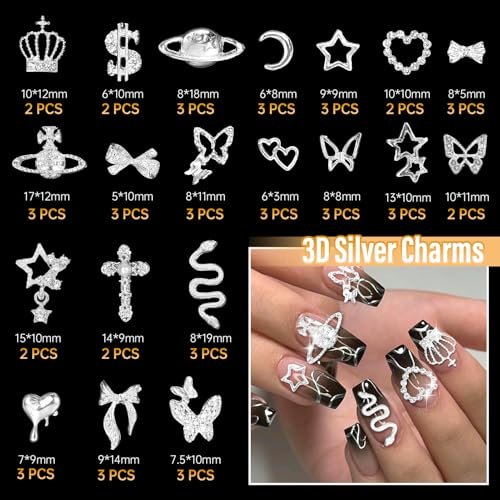 105 Pcs Silver & Gold Nail Gems Charms Set - Planet, Crown, Dollar, Snake, Star, Bow, 3D Cross Nail Art Jewelry Charms for DIY Nail Decor - görsel 4
