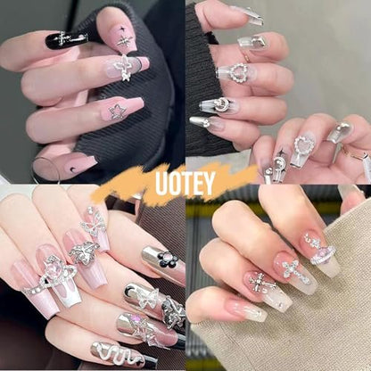 105 Pcs Silver & Gold Nail Gems Charms Set - Planet, Crown, Dollar, Snake, Star, Bow, 3D Cross Nail Art Jewelry Charms for DIY Nail Decor