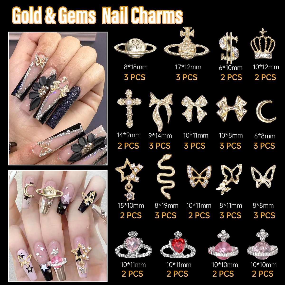 105 Pcs Silver & Gold Nail Gems Charms Set - Planet, Crown, Dollar, Snake, Star, Bow, 3D Cross Nail Art Jewelry Charms for DIY Nail Decor - görsel 5