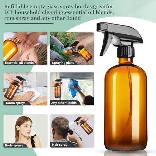 GIVAMEIHF 16oz Amber Glass Spray Bottles – 4 Pack Refillable Empty Bottles with Adjustable Nozzle for Cleaning, Essential Oils, Plants, Pets, Hair Mister Avelisse