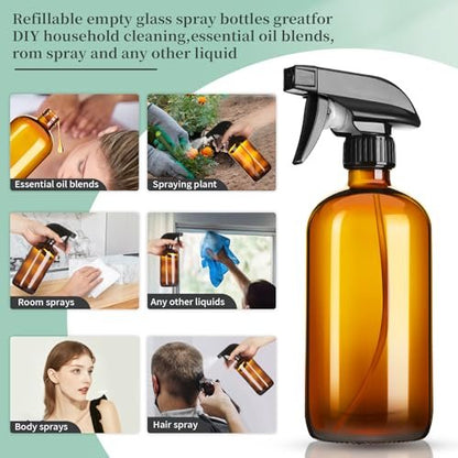 GIVAMEIHF 16oz Amber Glass Spray Bottles – 4 Pack Refillable Empty Bottles with Adjustable Nozzle for Cleaning, Essential Oils, Plants, Pets, Hair Mister Avelisse