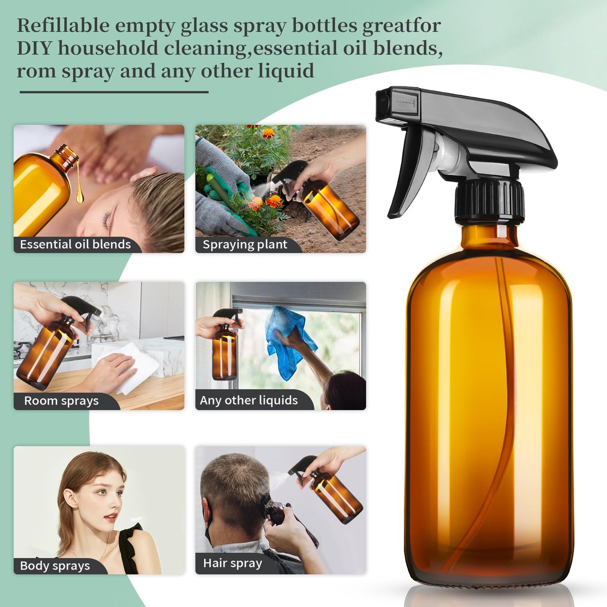 GIVAMEIHF 16oz Amber Glass Spray Bottles – 4 Pack Refillable Empty Bottles with Adjustable Nozzle for Cleaning, Essential Oils, Plants, Pets, Hair Mister Avelisse