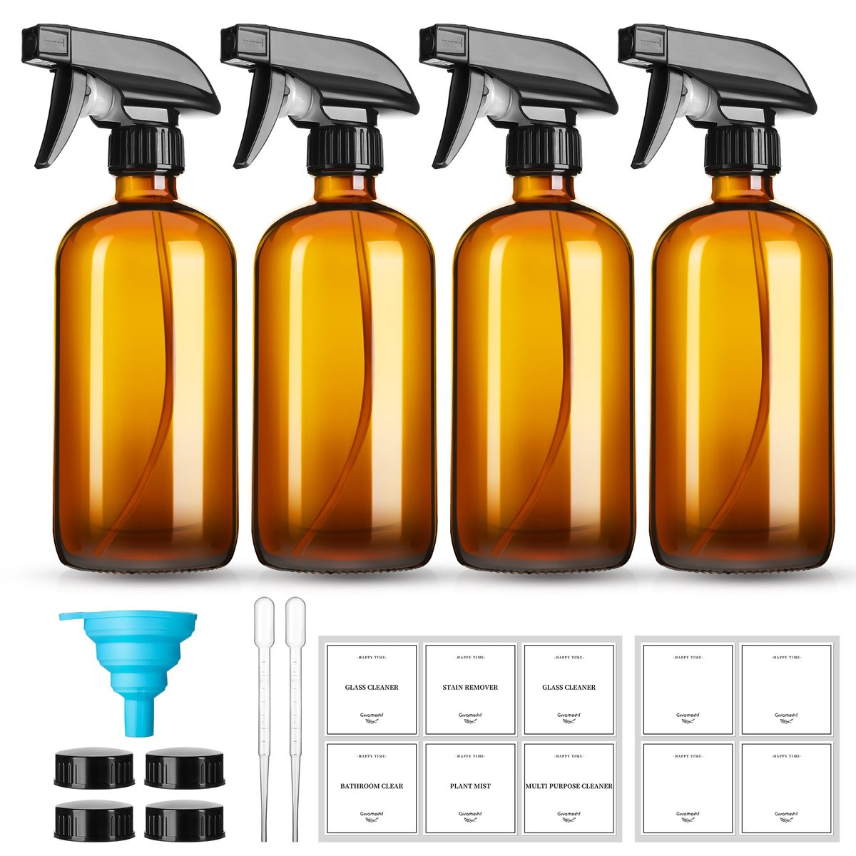 GIVAMEIHF 16oz Amber Glass Spray Bottles – 4 Pack Refillable Empty Bottles with Adjustable Nozzle for Cleaning, Essential Oils, Plants, Pets, Hair Mister Avelisse