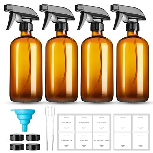 GIVAMEIHF 16oz Amber Glass Spray Bottles – 4 Pack Refillable Empty Bottles with Adjustable Nozzle for Cleaning, Essential Oils, Plants, Pets, Hair Mister Avelisse