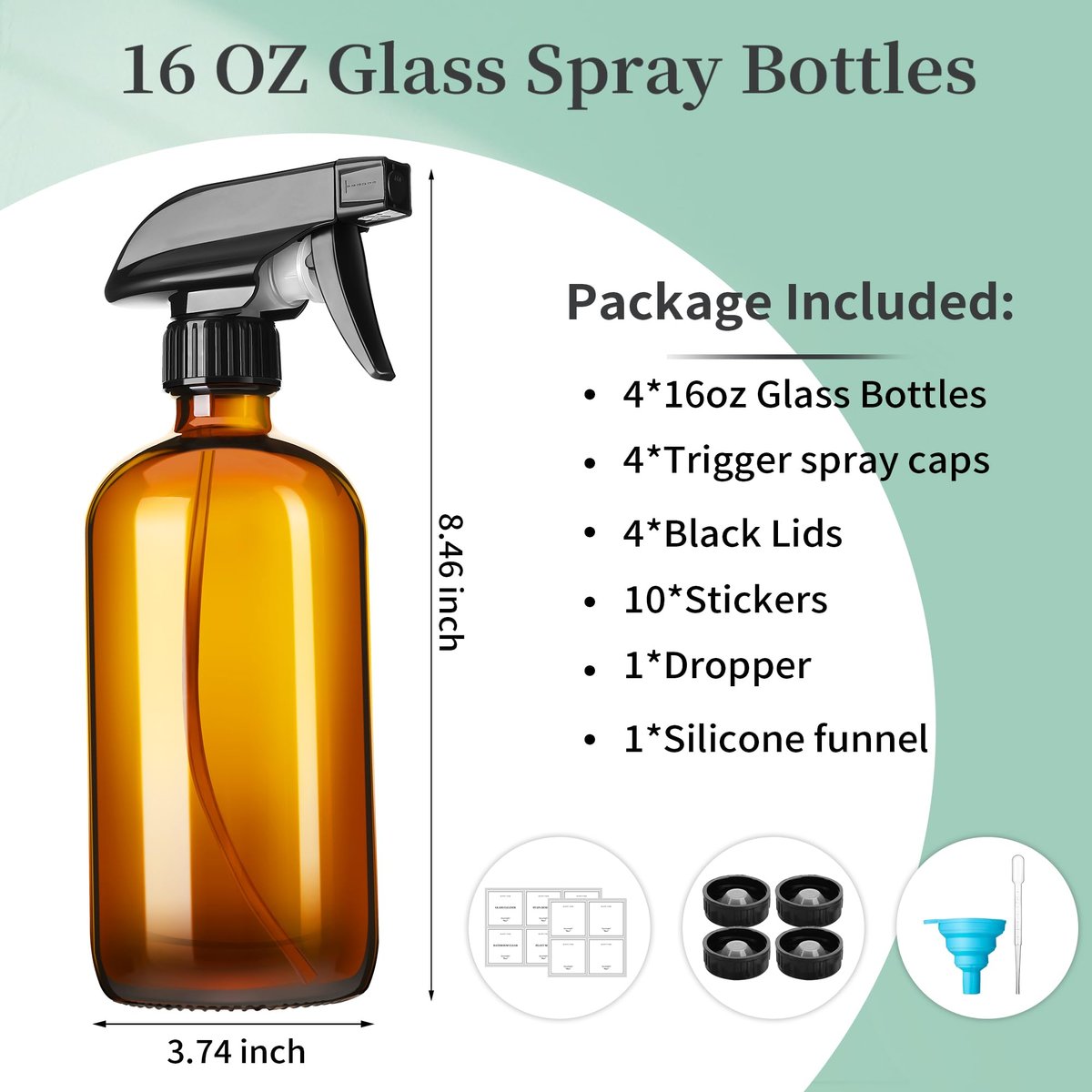 GIVAMEIHF 16oz Amber Glass Spray Bottles – 4 Pack Refillable Empty Bottles with Adjustable Nozzle for Cleaning, Essential Oils, Plants, Pets, Hair Mister Avelisse