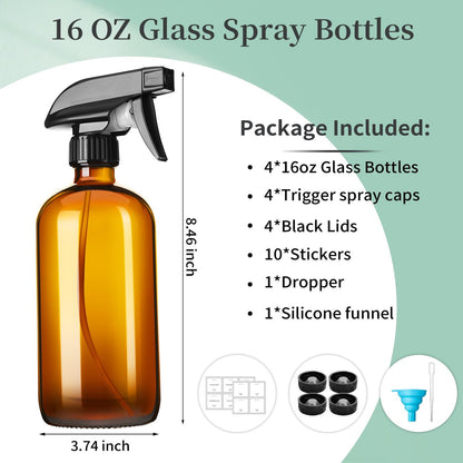 GIVAMEIHF 16oz Amber Glass Spray Bottles – 4 Pack Refillable Empty Bottles with Adjustable Nozzle for Cleaning, Essential Oils, Plants, Pets, Hair Mister Avelisse