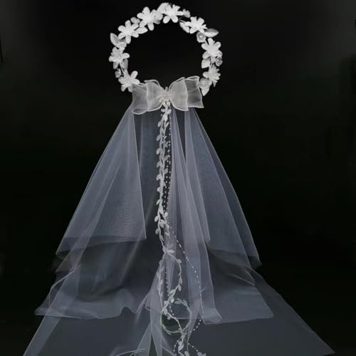 yuruyi White Floral Crown with Veil Headpiece for Women - Wedding Bridal Flower Hair Wreath Accessory Avelisse