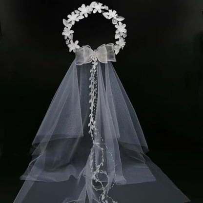 yuruyi White Floral Crown with Veil Headpiece for Women - Wedding Bridal Flower Hair Wreath Accessory Avelisse