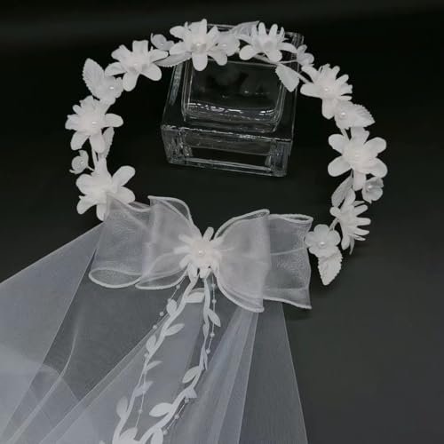 yuruyi White Floral Crown with Veil Headpiece for Women - Wedding Bridal Flower Hair Wreath Accessory Avelisse