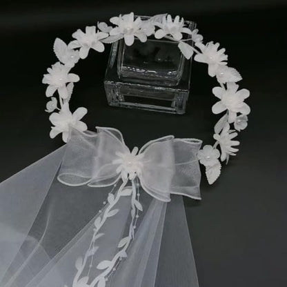 yuruyi White Floral Crown with Veil Headpiece for Women - Wedding Bridal Flower Hair Wreath Accessory Avelisse