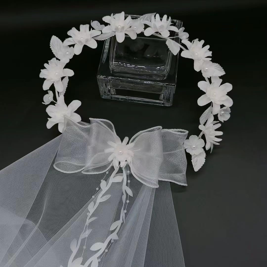 yuruyi White Floral Crown with Veil Headpiece for Women - Wedding Bridal Flower Hair Wreath Accessory Avelisse
