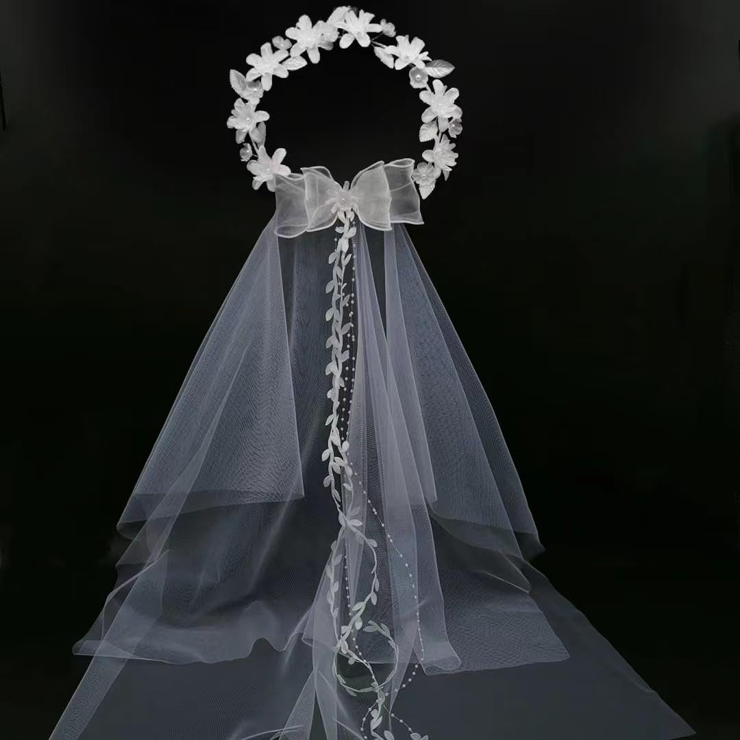 yuruyi White Floral Crown with Veil Headpiece for Women - Wedding Bridal Flower Hair Wreath Accessory Avelisse
