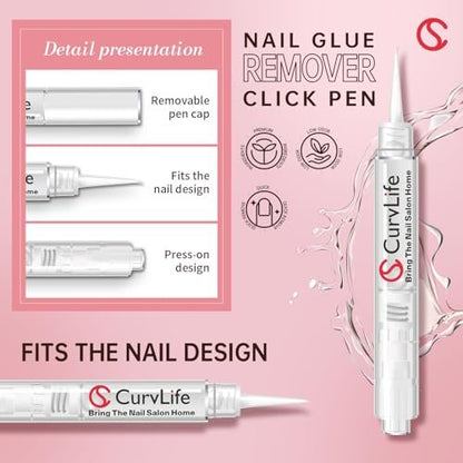 Curvlife 3-in-1 Nail Glue Remover Pen – Acetone-Free Press On Nail Remover, 2-Pack (5ml Each)