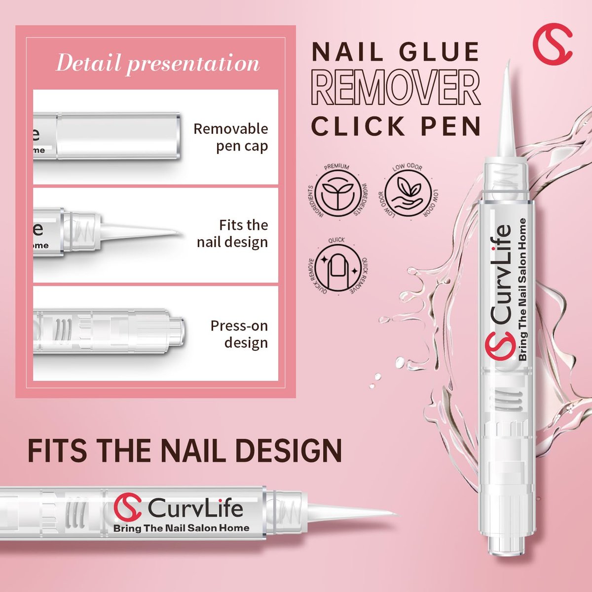 Curvlife 3-in-1 Nail Glue Remover Pen – Acetone-Free Press On Nail Remover, 2-Pack (5ml Each) - görsel 3
