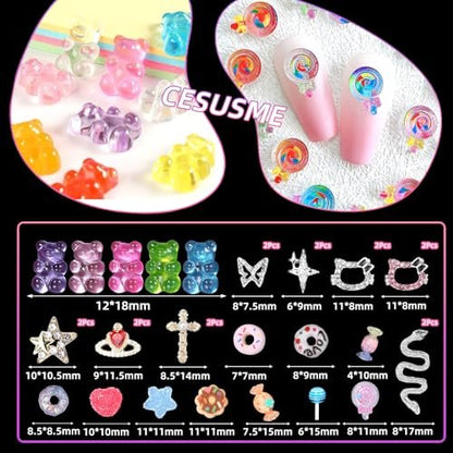 3D Mix Nail Charms Kit: Lollipop, Gummy Bear, Donut & More Cute Acrylic Nail Art Charms - Alloy & Resin Rhinestones for DIY Crafts