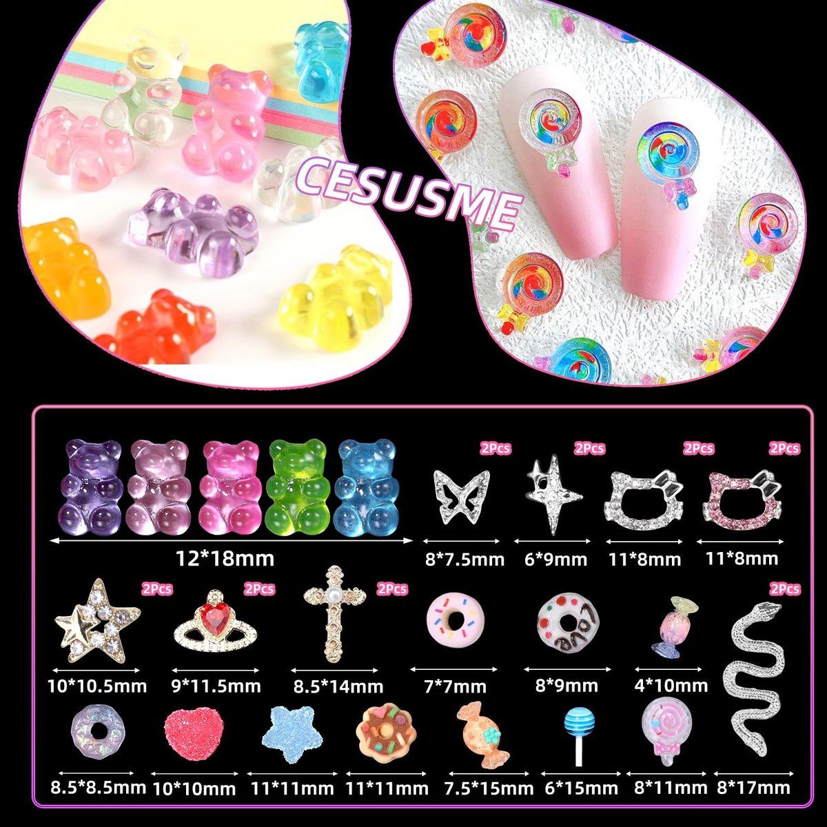 3D Mix Nail Charms Kit: Lollipop, Gummy Bear, Donut & More Cute Acrylic Nail Art Charms - Alloy & Resin Rhinestones for DIY Crafts - görsel 3