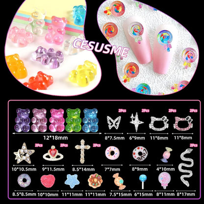 3D Mix Nail Charms Kit: Lollipop, Gummy Bear, Donut & More Cute Acrylic Nail Art Charms - Alloy & Resin Rhinestones for DIY Crafts