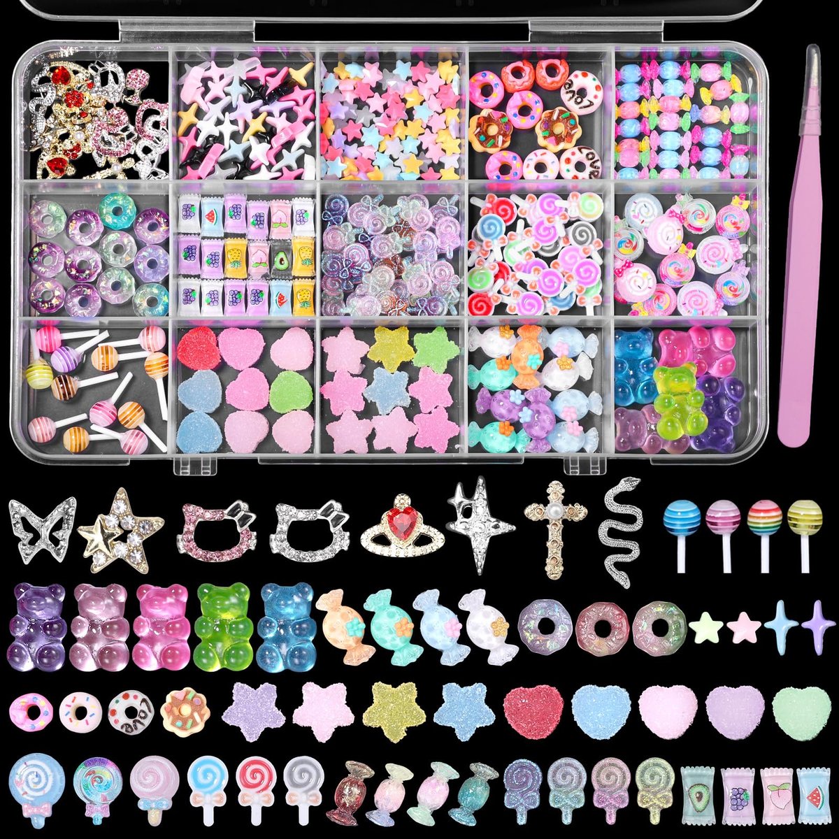 3D Mix Nail Charms Kit: Lollipop, Gummy Bear, Donut & More Cute Acrylic Nail Art Charms - Alloy & Resin Rhinestones for DIY Crafts - görsel 1