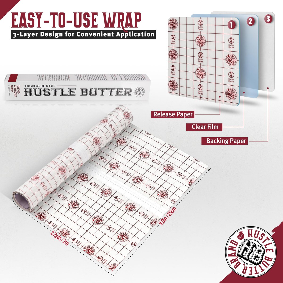 Hustle Butter Second Skin Tattoo Wrap – 9.8 Inches x 2.2 Yards – Transparent Adhesive Roll – Easy Removal, Mess-Free Body Art Wrap – Breathable & Latex-Free – Medium Tattoo Aftercare - görsel 4