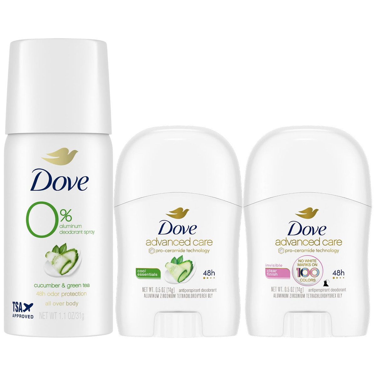 Dove Travel Deodorant for Women Variety 3-Pack – Advanced Care Invisible, Cool Essentials Mini, Cucumber & Green Tea Spray - görsel 1