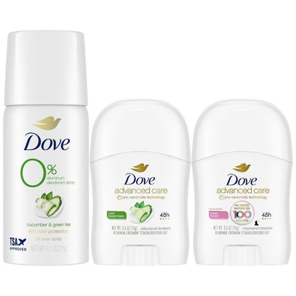 Dove Travel Deodorant for Women Variety 3-Pack – Advanced Care Invisible, Cool Essentials Mini, Cucumber & Green Tea Spray