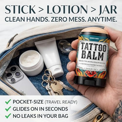 Tattoo Balm Stick Aftercare – Healing Ointment Butter for Fresh & Existing Tattoos, Brightener for Old Ink, Shea Butter Biotin Hyaluronic Acid, Color Enhancer Lotion Moisturizer Cream, Travel Size