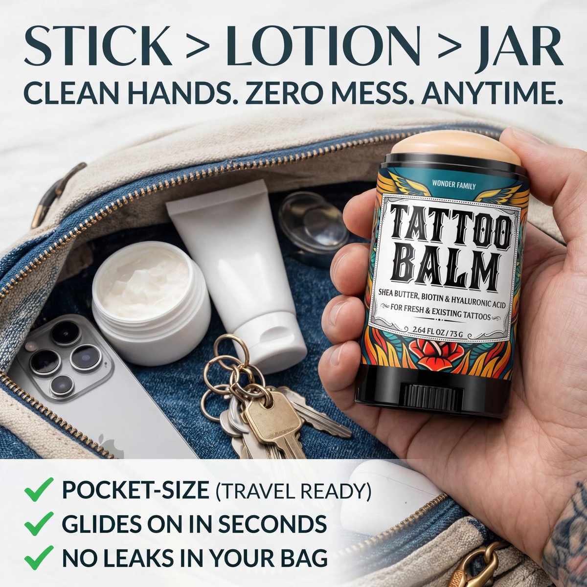 Tattoo Balm Stick Aftercare – Healing Ointment Butter for Fresh & Existing Tattoos, Brightener for Old Ink, Shea Butter Biotin Hyaluronic Acid, Color Enhancer Lotion Moisturizer Cream, Travel Size - görsel 10