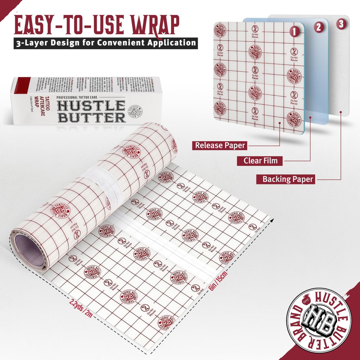 Hustle Butter Second Skin Tattoo Wrap - 6 Inches x 2.2 Yards - Transparent Adhesive Roll - Easy Application & Removal, Mess-Free Wrap - Breathable & Latex-Free - Small to Medium Tattoo Aftercare - görsel 3
