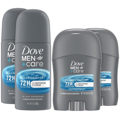 Dove Men+Care Clean Comfort Travel Antiperspirant Spray & Stick, 72H Protection, 4-Piece Set Avelisse