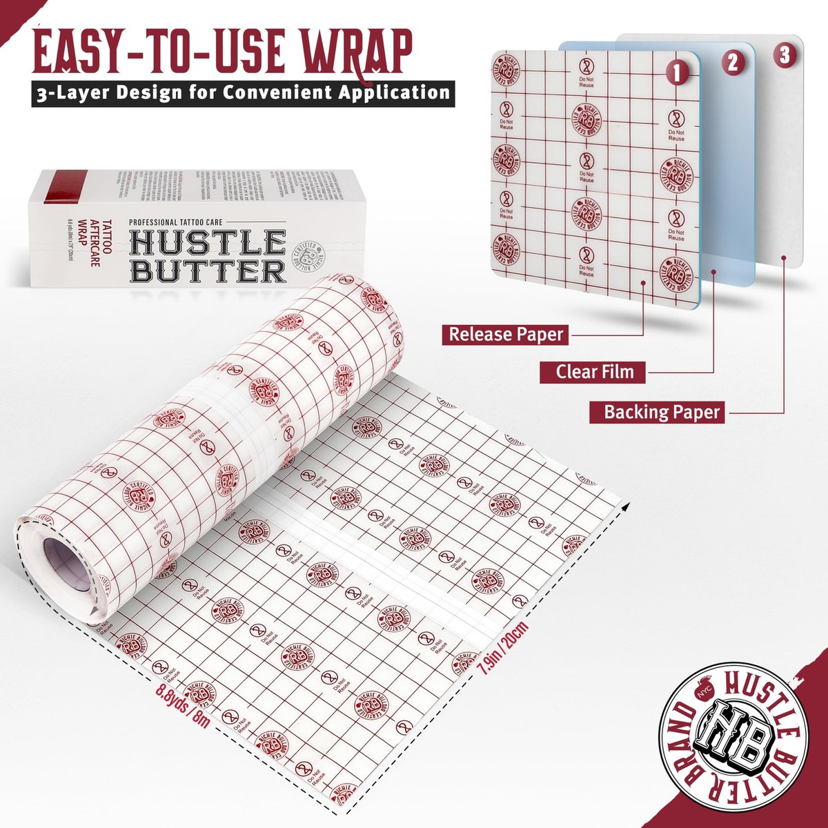 Hustle Butter Second Skin Tattoo Wrap - 7.9 in x 8.8 yd Transparent Adhesive Roll - Breathable, Latex-Free Tattoo Aftercare Avelisse