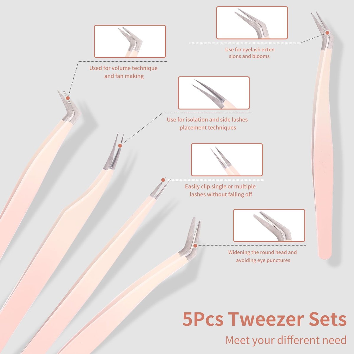 Rnodoilkfly 5-Piece Lash Extension Tweezers Set | Gradient Pink Stainless Steel Straight & Curved Eyelash Tweezers for Professionals & Beginners - görsel 3