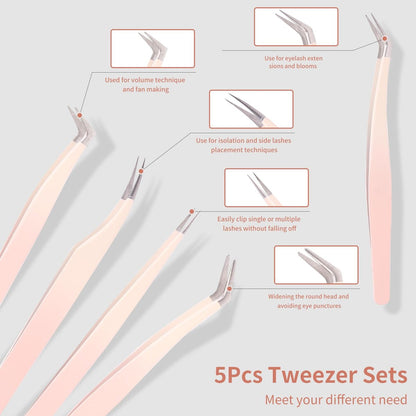 Rnodoilkfly 5-Piece Lash Extension Tweezers Set | Gradient Pink Stainless Steel Straight & Curved Eyelash Tweezers for Professionals & Beginners