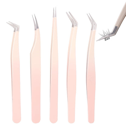 Rnodoilkfly 5-Piece Lash Extension Tweezers Set | Gradient Pink Stainless Steel Straight & Curved Eyelash Tweezers for Professionals & Beginners
