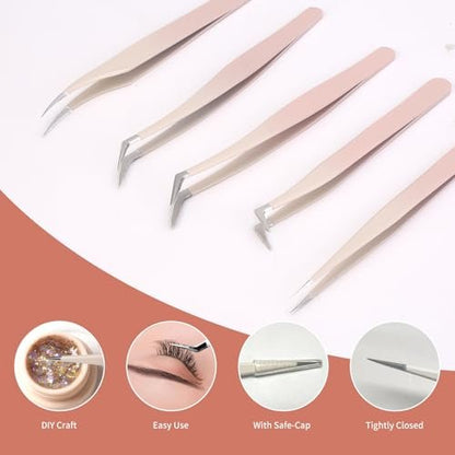 Rnodoilkfly 5-Piece Lash Extension Tweezers Set | Gradient Pink Stainless Steel Straight & Curved Eyelash Tweezers for Professionals & Beginners