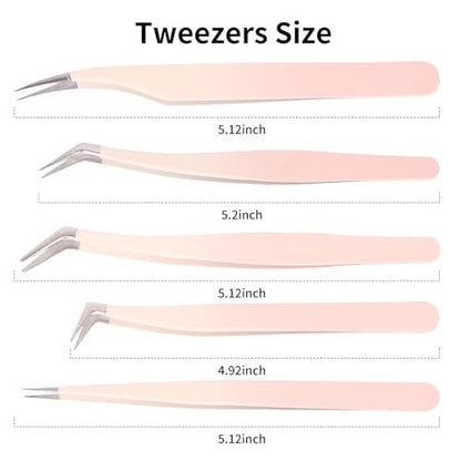 Rnodoilkfly 5-Piece Lash Extension Tweezers Set | Gradient Pink Stainless Steel Straight & Curved Eyelash Tweezers for Professionals & Beginners