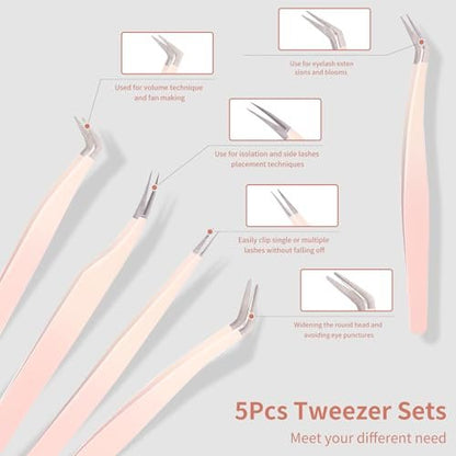 Rnodoilkfly 5-Piece Lash Extension Tweezers Set | Gradient Pink Stainless Steel Straight & Curved Eyelash Tweezers for Professionals & Beginners