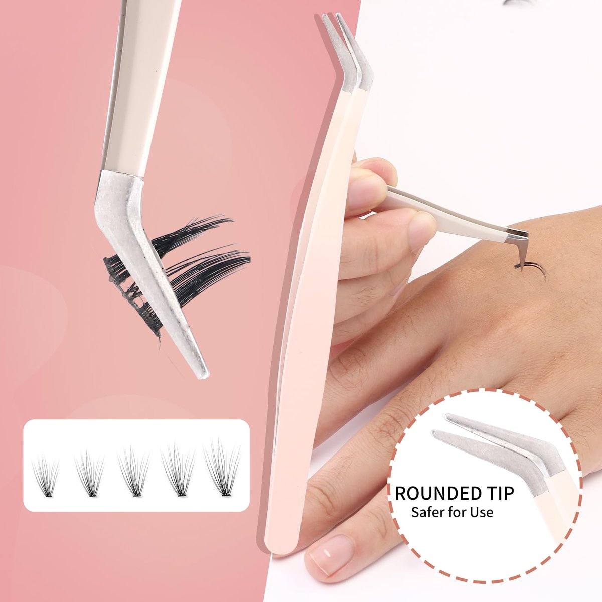 Rnodoilkfly 5-Piece Lash Extension Tweezers Set | Gradient Pink Stainless Steel Straight & Curved Eyelash Tweezers for Professionals & Beginners - görsel 5