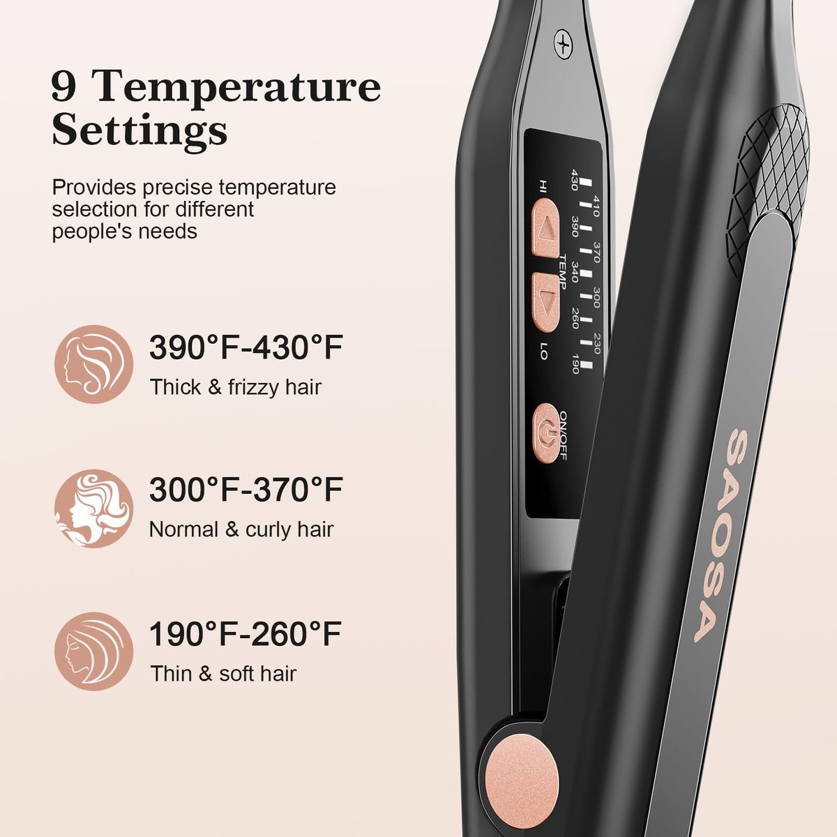 SAOSA Pencil Flat Iron for Short Hair - 3/10 Inch Mini Hair Straightener with 9 Temp Settings (190°F-430°F), Dual Voltage, Rose Gold Avelisse