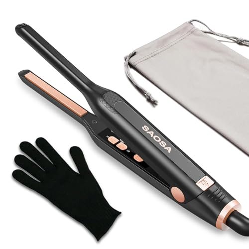 SAOSA Pencil Flat Iron for Short Hair - 3/10 Inch Mini Hair Straightener with 9 Temp Settings (190°F-430°F), Dual Voltage, Rose Gold Avelisse
